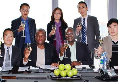 (L-R): Tiger Li, vice chairman of Toro Atlantic Global Ltd FZE, Dr. Orji Kalu, founder of Slok Holding, Alex Asiedu and Thomas Cheng, director and executive manager of Toro Atlantic Global Ltd FZE respectively after signing the MOU at Toro Atlantic Global Ltd FZE head office in Shenzhen, China on Monday.